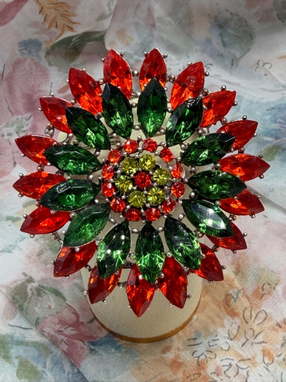 Vintage Albert Weiss Tangerine and Olive Crystal Floral Brooch #1WE